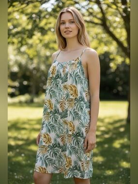 Siren Lily Tropical Leaf Print Dress in Green & Mustard Yellow Orange Size L